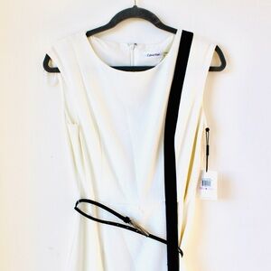 White and Black Calvin Klein Midi Dress Sleeveless Crew Neck